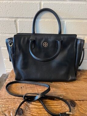 Tory Burch Black Pebbled Leather Satchel with Detachable Strap